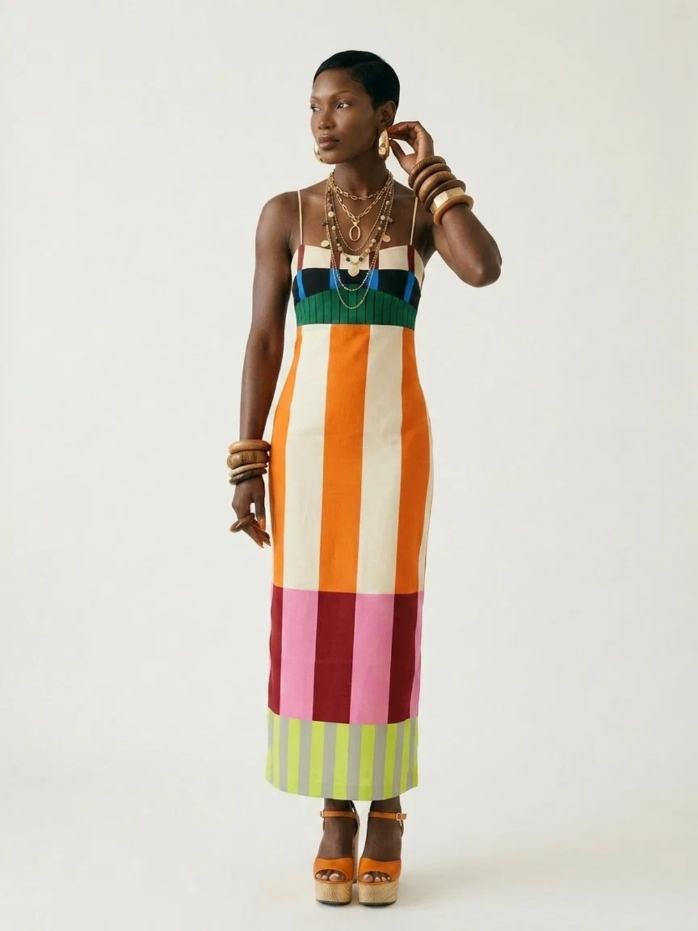 Colorblock Stripe Midi Skirt - Green, Orange, Pink